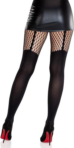 Leg Avenue Women’s Seamless Black Fishnet Tights for Women with Opaque Garter Illusion and Net Thigh Detail, Black, One Size in Saudi Arabia