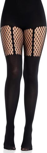 Leg Avenue Women’s Seamless Black Fishnet Tights for Women with Opaque Garter Illusion and Net Thigh Detail, Black, One Size in Saudi Arabia