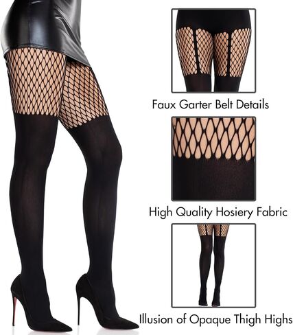 Leg Avenue Women’s Seamless Black Fishnet Tights for Women with Opaque Garter Illusion and Net Thigh Detail, Black, One Size in Saudi Arabia
