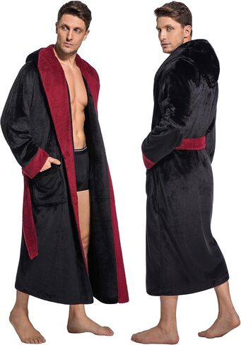 Mens Hooded Robe Ultra Soft Fluffy Flannel with Big Pockets Luxurious House Coat Fleece Plush Calf Length Bathrobe in Saudi Arabia