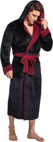 Mens Hooded Robe Ultra Soft Fluffy Flannel with Big Pockets Luxurious House Coat Fleece Plush Calf Length Bathrobe in Saudi Arabia