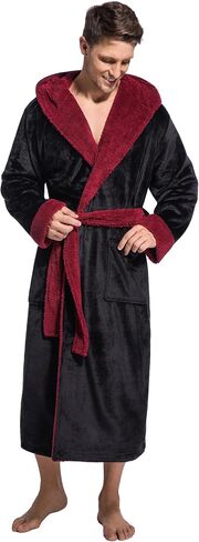 Mens Hooded Robe Ultra Soft Fluffy Flannel with Big Pockets Luxurious House Coat Fleece Plush Calf Length Bathrobe in Saudi Arabia