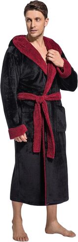 Mens Hooded Robe Ultra Soft Fluffy Flannel with Big Pockets Luxurious House Coat Fleece Plush Calf Length Bathrobe in Saudi Arabia