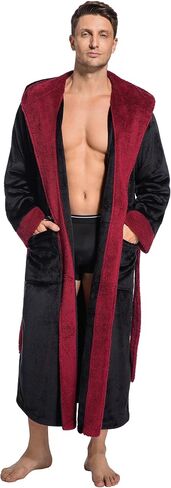 Mens Hooded Robe Ultra Soft Fluffy Flannel with Big Pockets Luxurious House Coat Fleece Plush Calf Length Bathrobe in Saudi Arabia