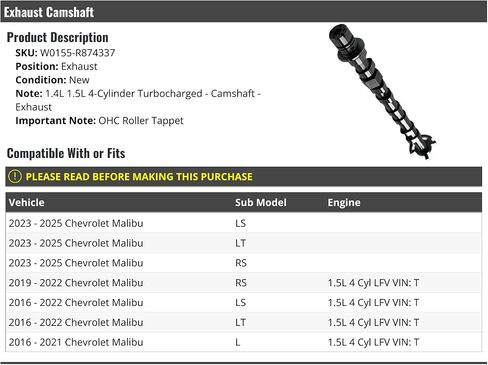 Exhaust Camshaft - Compatible with 2016-2025 Chevy Malibu 1.5L 4-Cylinder Turbo LFV (Vin T) in Saudi Arabia