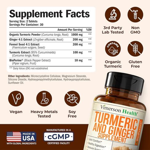 Turmeric Supplement and Ginger Root Joint Support Supplement - Turmeric Curcumin Supplement 95% Curcuminoids. Contains Organic Turmeric with Black Pepper (Bioperine) for Max Absorption. 2 Pack in Kuwait