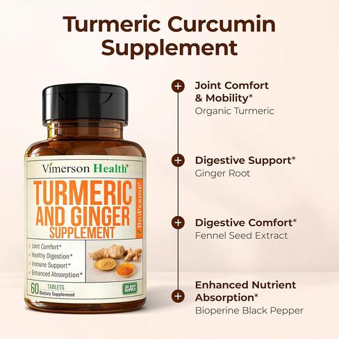 Turmeric Supplement and Ginger Root Joint Support Supplement - Turmeric Curcumin Supplement 95% Curcuminoids. Contains Organic Turmeric with Black Pepper (Bioperine) for Max Absorption. 2 Pack in Kuwait