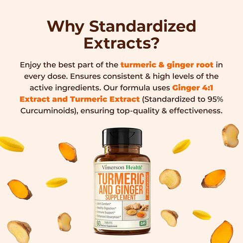 Turmeric Supplement and Ginger Root Joint Support Supplement - Turmeric Curcumin Supplement 95% Curcuminoids. Contains Organic Turmeric with Black Pepper (Bioperine) for Max Absorption. 2 Pack in Kuwait