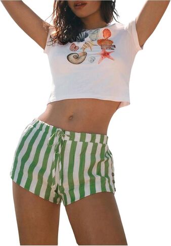Women's Striped Lounge Shorts Y2K Drawstring Waist Low Rise Vacation Summer Mini Shorts in Saudi Arabia