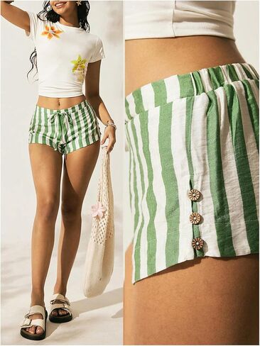 Women's Striped Lounge Shorts Y2K Drawstring Waist Low Rise Vacation Summer Mini Shorts in Saudi Arabia