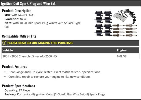 Ignition Coil Spark Plugs and Spark Plug Wires Kit - 17 Piece - Compatible with 2001-2006 Chevy Silverado 2500 HD 6.0L V8 (with Square Type Coil) in Saudi Arabia