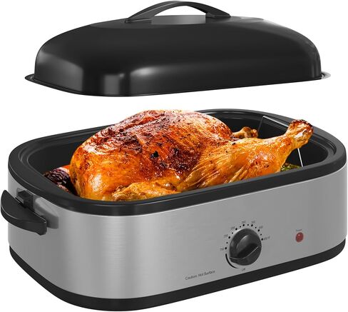 فرن شواء كهربائي سعة 14 لترًا مع وظيفة طباخ بطيء، بوفيه فرن شواء ديك رومي مع غطاء ذاتي التغطية، مقلاة قابلة للإزالة، مقابض باردة الملمس، سهل التنظيف، فضي in Kuwait