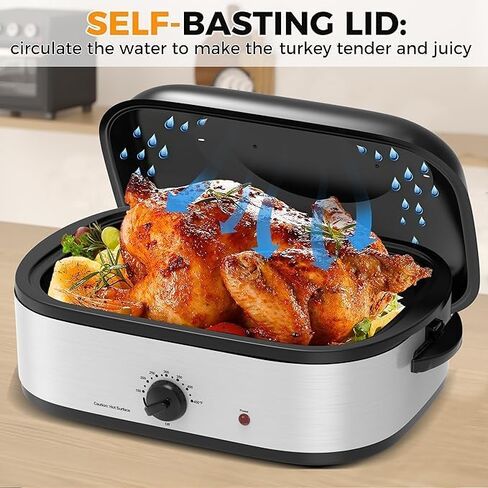 فرن شواء كهربائي سعة 14 لترًا مع وظيفة طباخ بطيء، بوفيه فرن شواء ديك رومي مع غطاء ذاتي التغطية، مقلاة قابلة للإزالة، مقابض باردة الملمس، سهل التنظيف، فضي in Kuwait