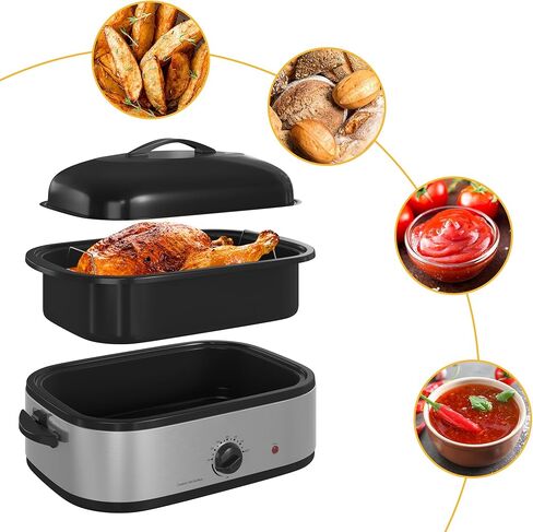 فرن شواء كهربائي سعة 14 لترًا مع وظيفة طباخ بطيء، بوفيه فرن شواء ديك رومي مع غطاء ذاتي التغطية، مقلاة قابلة للإزالة، مقابض باردة الملمس، سهل التنظيف، فضي in Kuwait