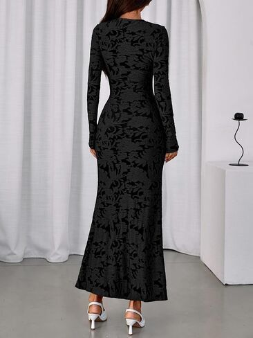 BTFBM Wedding Guest Dresses for Women 2025 Fall Elegant Floral Lace Ruched Long Sleeve Bodycon Cocktail Party Maxi Dress in Saudi Arabia