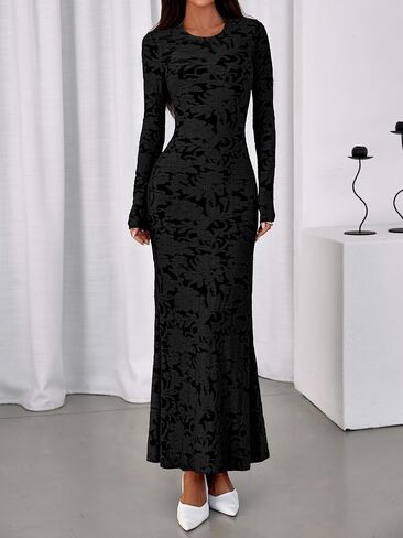 BTFBM Wedding Guest Dresses for Women 2025 Fall Elegant Floral Lace Ruched Long Sleeve Bodycon Cocktail Party Maxi Dress in Saudi Arabia