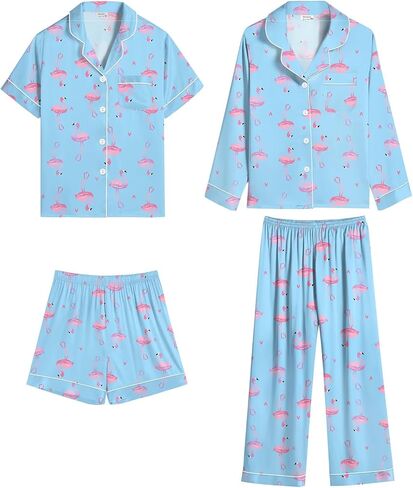 SWOMOG 4 pcs Kids Girls Satin Pajamas Set Silk Button-Down PJs Sets Soft Lounge Sets Long Sleeve Sleepwear in Saudi Arabia
