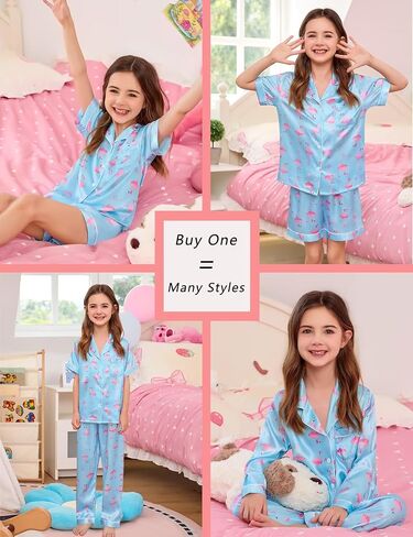 SWOMOG 4 pcs Kids Girls Satin Pajamas Set Silk Button-Down PJs Sets Soft Lounge Sets Long Sleeve Sleepwear in Saudi Arabia