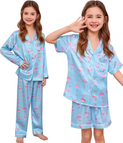 SWOMOG 4 pcs Kids Girls Satin Pajamas Set Silk Button-Down PJs Sets Soft Lounge Sets Long Sleeve Sleepwear in Saudi Arabia