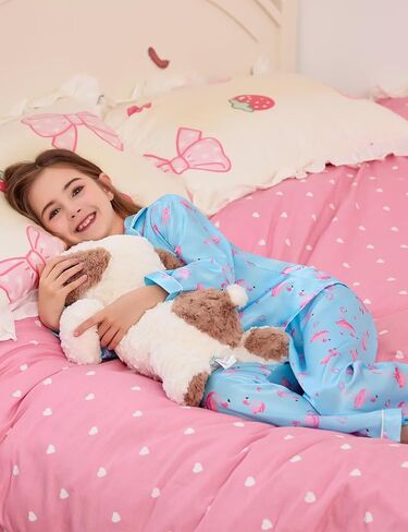 SWOMOG 4 pcs Kids Girls Satin Pajamas Set Silk Button-Down PJs Sets Soft Lounge Sets Long Sleeve Sleepwear in Saudi Arabia