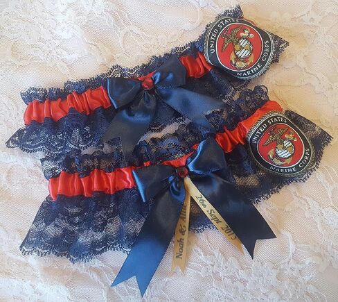Handcrafted Red & Navy Blue Wedding 2pc Garter Set Made Using Marines Fabric in Saudi Arabia
