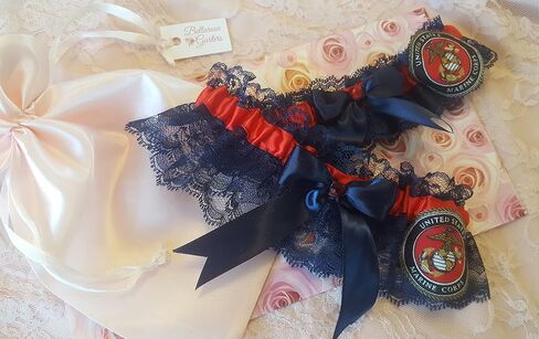Handcrafted Red & Navy Blue Wedding 2pc Garter Set Made Using Marines Fabric in Saudi Arabia