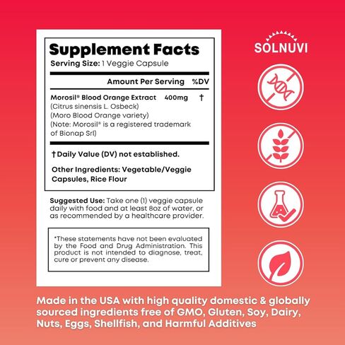 SOLNUVI Morosil® 400mg per Serving - Morosil® Blood Orange Extract from Italy - Vegan Friendly, Non-GMO and Gluten-Free - 60 Veggie Capsules in Kuwait