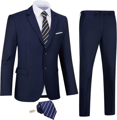 Mens 2 Piece Slim Fit Suit Set Two Button Solid Suit Jacket Pants with Tie Notch Lapel Casual Wedding Suits in Kuwait