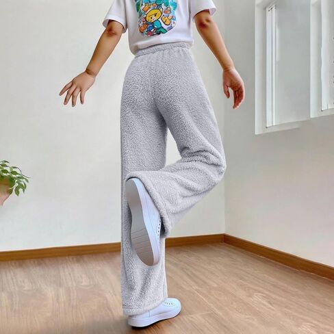 Girl Plush Fuzzy Pants Winter Warm Pants Straight Leg Pant Casual Fleece Trouser Soft Comfy Fluffy Pant with Pockets in Kuwait