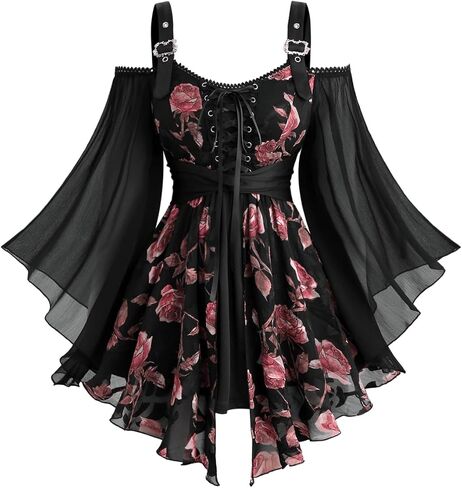 Rosegal Plus Size Women Gothic T-Shirt 2 in 1 Top Cold Shoulder Chiffon Bell Sleeves Rose Flower Print Lace Up Flowy Top in Saudi Arabia