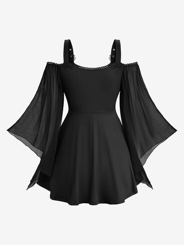Rosegal Plus Size Women Gothic T-Shirt 2 in 1 Top Cold Shoulder Chiffon Bell Sleeves Rose Flower Print Lace Up Flowy Top in Saudi Arabia