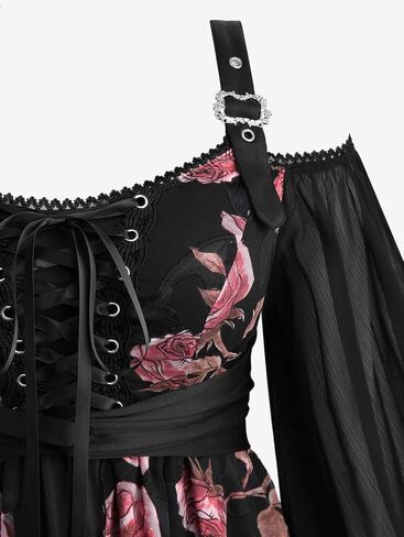 Rosegal Plus Size Women Gothic T-Shirt 2 in 1 Top Cold Shoulder Chiffon Bell Sleeves Rose Flower Print Lace Up Flowy Top in Saudi Arabia