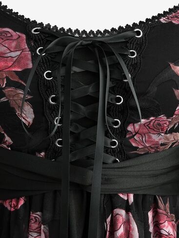 Rosegal Plus Size Women Gothic T-Shirt 2 in 1 Top Cold Shoulder Chiffon Bell Sleeves Rose Flower Print Lace Up Flowy Top in Saudi Arabia