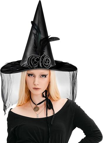 Purple Witch Hat Women, Witches Hat, Halloween Witch Hats for Party Men Adult Girls Costume Cosplay Velvet Witch Hat with Soft Lace Mesh Rose Flower and Feather in Saudi Arabia