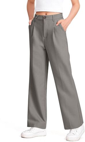 Girls Uniform Pants High Elastic Waisted Stretchy Long Slack Pant Formal Wide Leg Loose Fit Straight Dresses Trousers in Kuwait