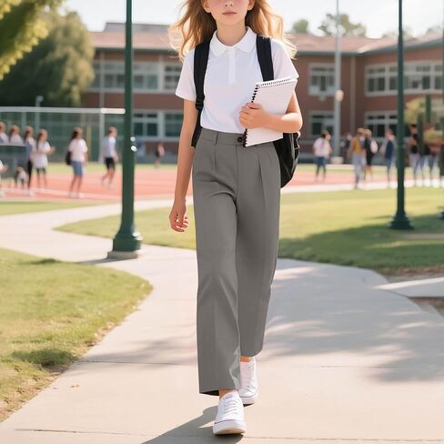 Girls Uniform Pants High Elastic Waisted Stretchy Long Slack Pant Formal Wide Leg Loose Fit Straight Dresses Trousers in Kuwait