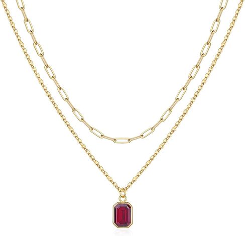 Layered Birthstone Necklace for Women Girls, 14K Gold-Plated Paperclip Chain Choker Necklace with Rectangle Birthstone Pendant Birthday Gifts for Women Girls Dainty Small in Saudi Arabia