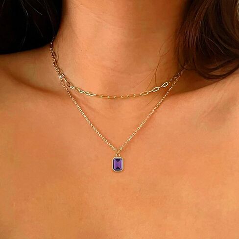 Layered Birthstone Necklace for Women Girls, 14K Gold-Plated Paperclip Chain Choker Necklace with Rectangle Birthstone Pendant Birthday Gifts for Women Girls Dainty Small in Saudi Arabia