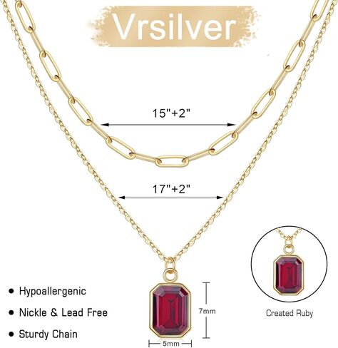 Layered Birthstone Necklace for Women Girls, 14K Gold-Plated Paperclip Chain Choker Necklace with Rectangle Birthstone Pendant Birthday Gifts for Women Girls Dainty Small in Saudi Arabia