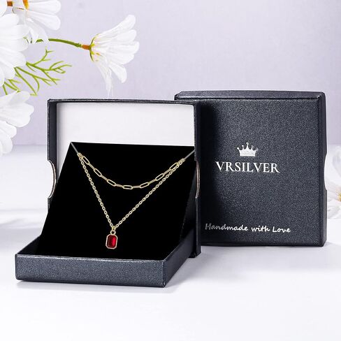 Layered Birthstone Necklace for Women Girls, 14K Gold-Plated Paperclip Chain Choker Necklace with Rectangle Birthstone Pendant Birthday Gifts for Women Girls Dainty Small in Saudi Arabia