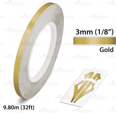 GOLD, 1/8" | 3mm, Self-Adhesive Vinyl Pin Stripe Line Decal Sticker Tape, Length 32ft | 9.80m, Suitable for Cars, Vans, Motorcycles, Bikes, Models, Tuning & Styling, and much more in Kuwait