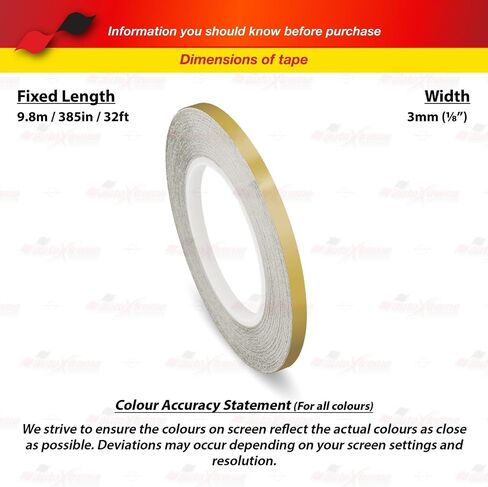 GOLD, 1/8" | 3mm, Self-Adhesive Vinyl Pin Stripe Line Decal Sticker Tape, Length 32ft | 9.80m, Suitable for Cars, Vans, Motorcycles, Bikes, Models, Tuning & Styling, and much more in Kuwait