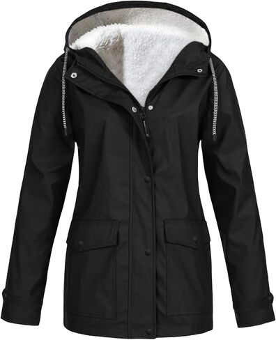 Fleece Lined Rain Jacket Women Fall Winter Warm Rain Coats Outdoor Waterproof Hooded Raincoat Windproof Windbreaker in Saudi Arabia