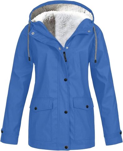Fleece Lined Rain Jacket Women Fall Winter Warm Rain Coats Outdoor Waterproof Hooded Raincoat Windproof Windbreaker in Saudi Arabia