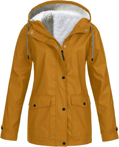Fleece Lined Rain Jacket Women Fall Winter Warm Rain Coats Outdoor Waterproof Hooded Raincoat Windproof Windbreaker in Saudi Arabia