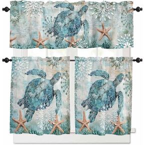 Coastal Sea Turtle Kitchen Curtains Sets for Windows 24 Inch Length, Teal Summer Beach Rod Pocket Window Treatments, Nautical Starfish Tier Curtains and Valances Set for Bedroom/Bathroom in Saudi Arabia