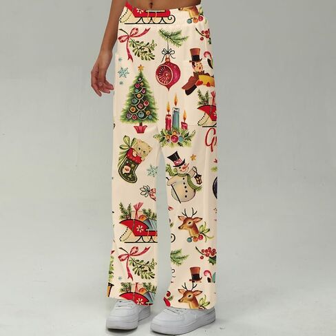 Womens Christmas Print Pants with Pockets Casual Holiday Wide Leg Trousers in Saudi Arabia