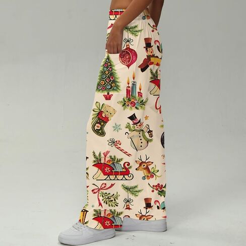 Womens Christmas Print Pants with Pockets Casual Holiday Wide Leg Trousers in Saudi Arabia
