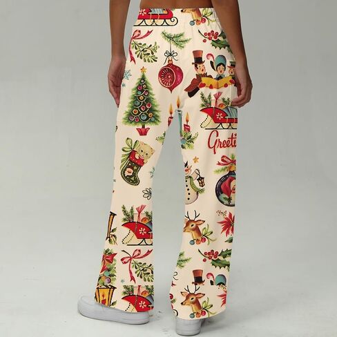Womens Christmas Print Pants with Pockets Casual Holiday Wide Leg Trousers in Saudi Arabia
