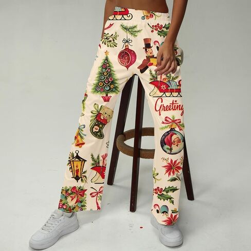 Womens Christmas Print Pants with Pockets Casual Holiday Wide Leg Trousers in Saudi Arabia